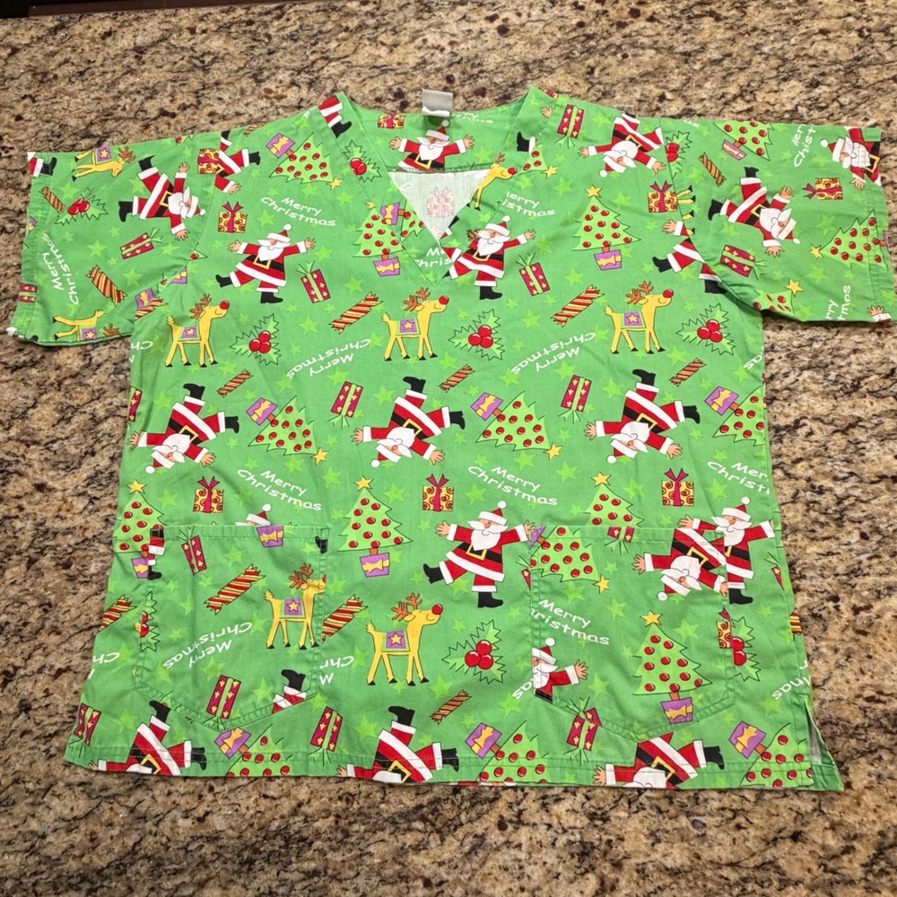 UA Scrubs Christmas‎ Holiday V-Neck Scrub Top Green Santa Reindeer Womens Large
